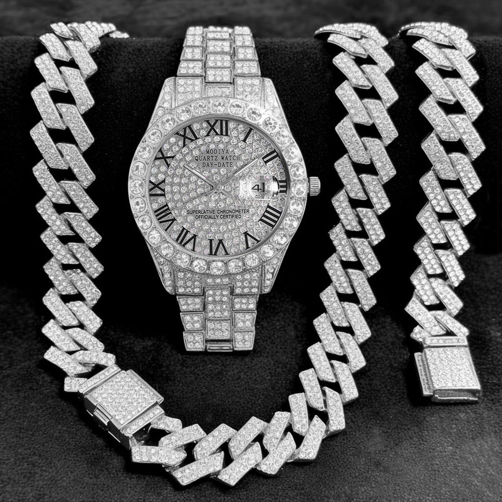 16-Piece Diamond Watch & Cuban Bracelet Set