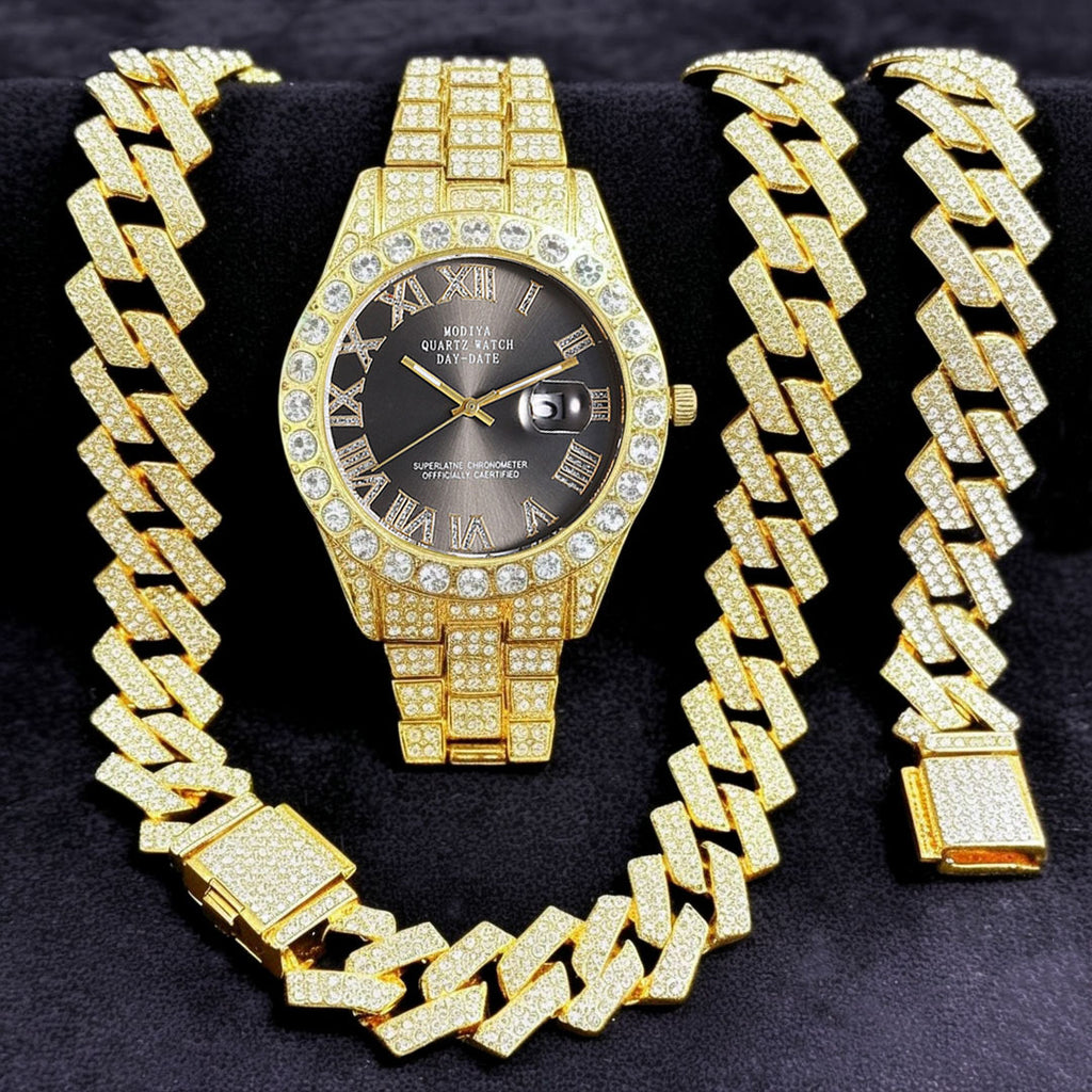16-Piece Diamond Watch & Cuban Bracelet Set