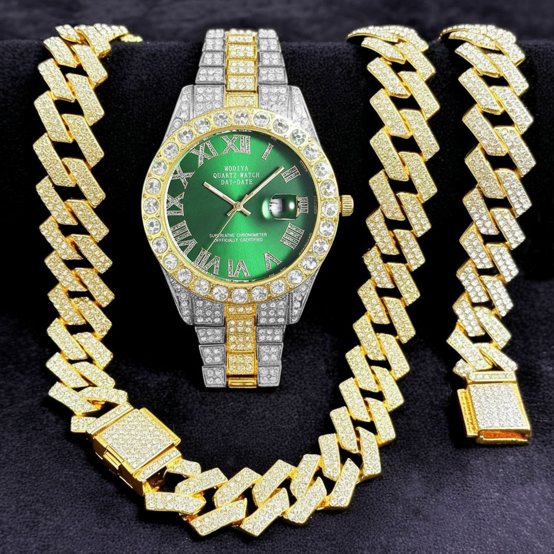 16-Piece Diamond Watch & Cuban Bracelet Set
