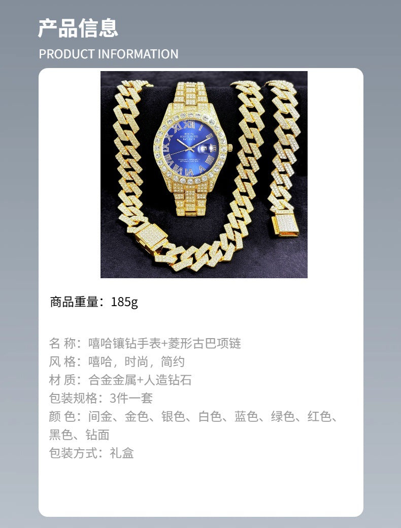 16-Piece Diamond Watch & Cuban Bracelet Set