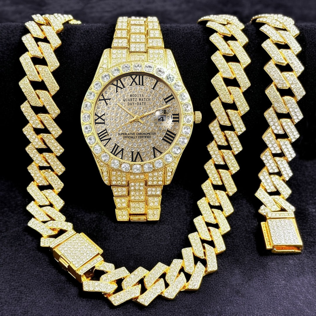 16-Piece Diamond Watch & Cuban Bracelet Set