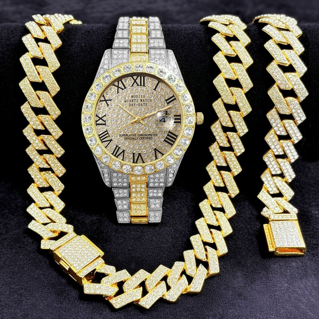 16-Piece Diamond Watch & Cuban Bracelet Set