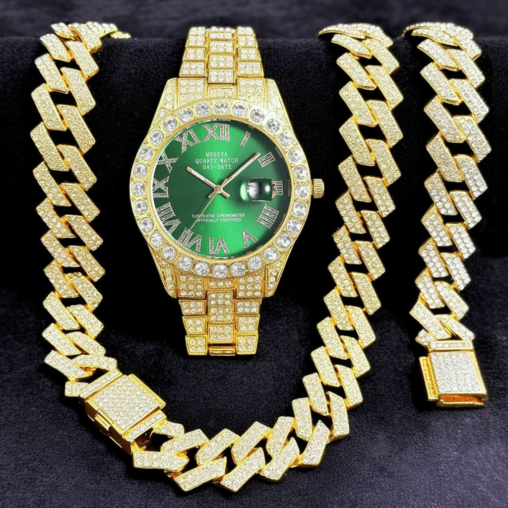 16-Piece Diamond Watch & Cuban Bracelet Set