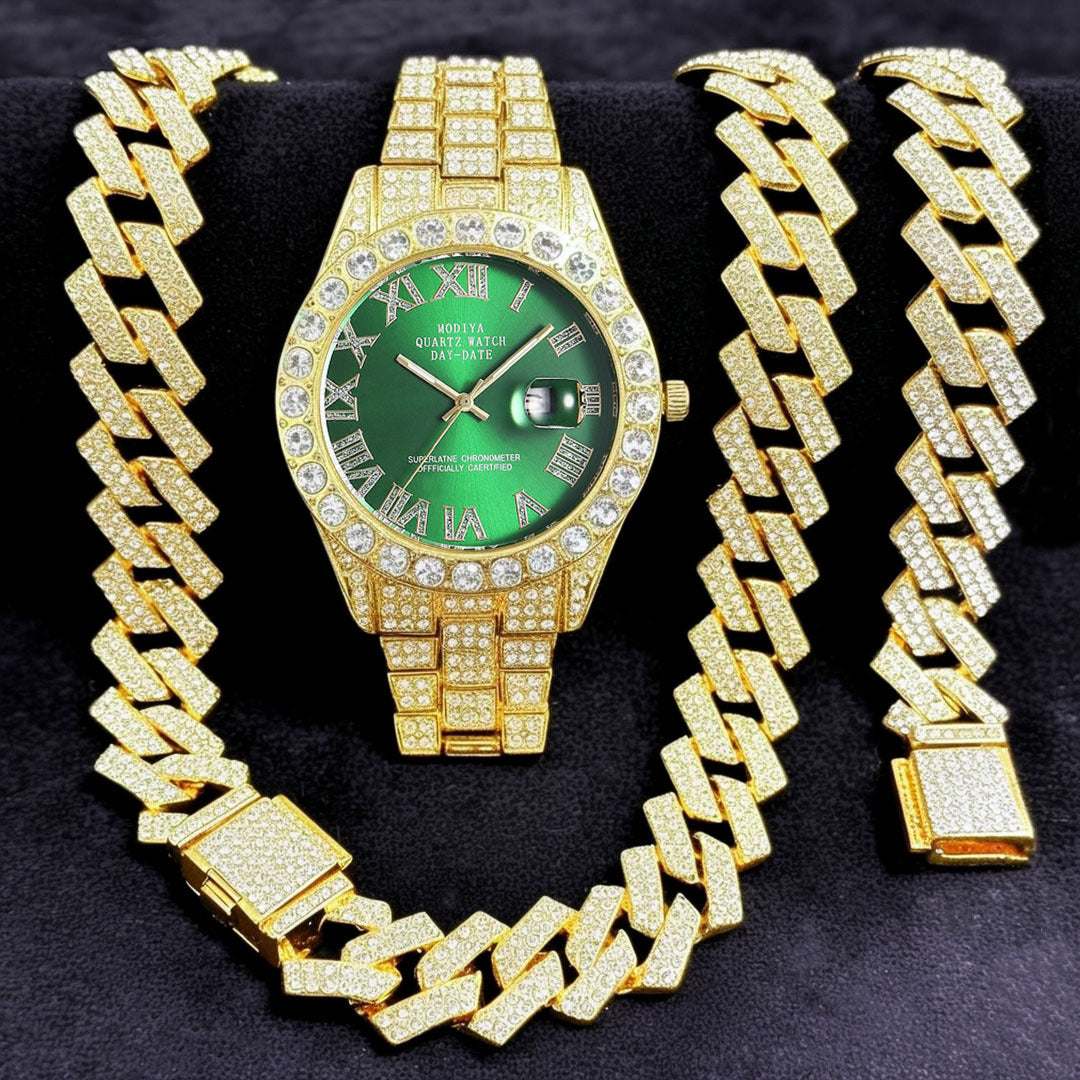 16-Piece Diamond Watch & Cuban Bracelet Set