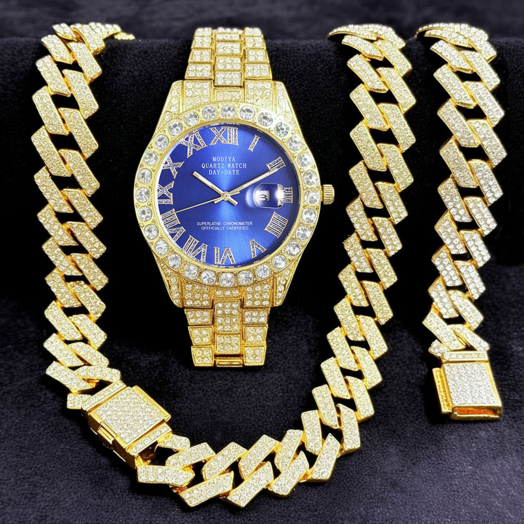 16-Piece Diamond Watch & Cuban Bracelet Set