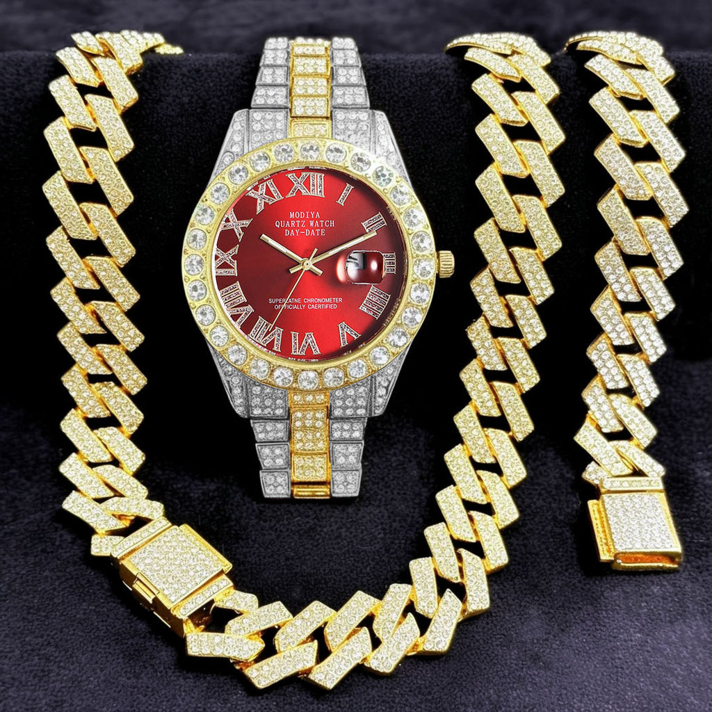 16-Piece Diamond Watch & Cuban Bracelet Set