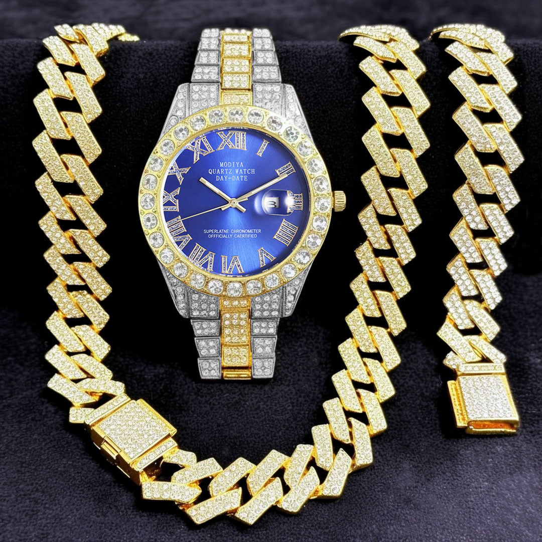 16-Piece Diamond Watch & Cuban Bracelet Set