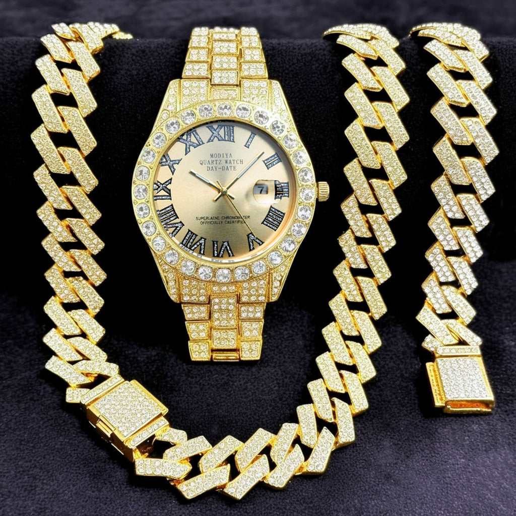 16-Piece Diamond Watch & Cuban Bracelet Set