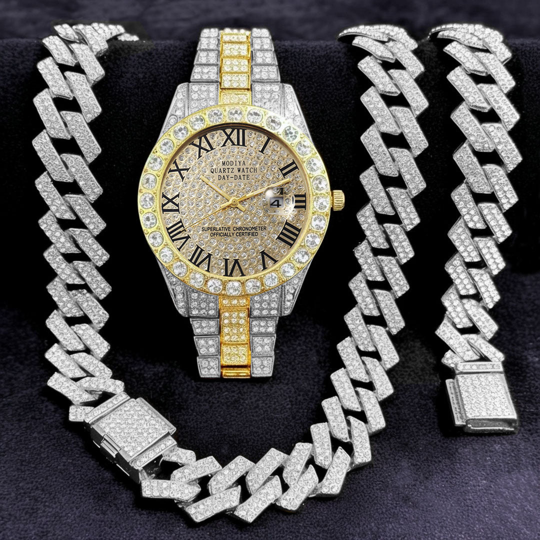 16-Piece Diamond Watch & Cuban Bracelet Set