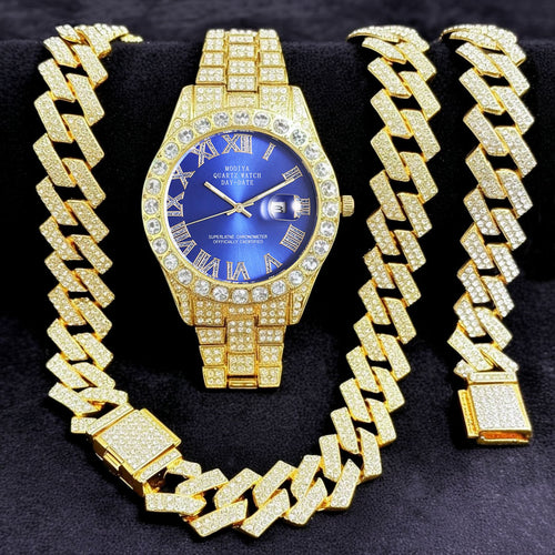 16-Piece Diamond Watch & Cuban Bracelet Set