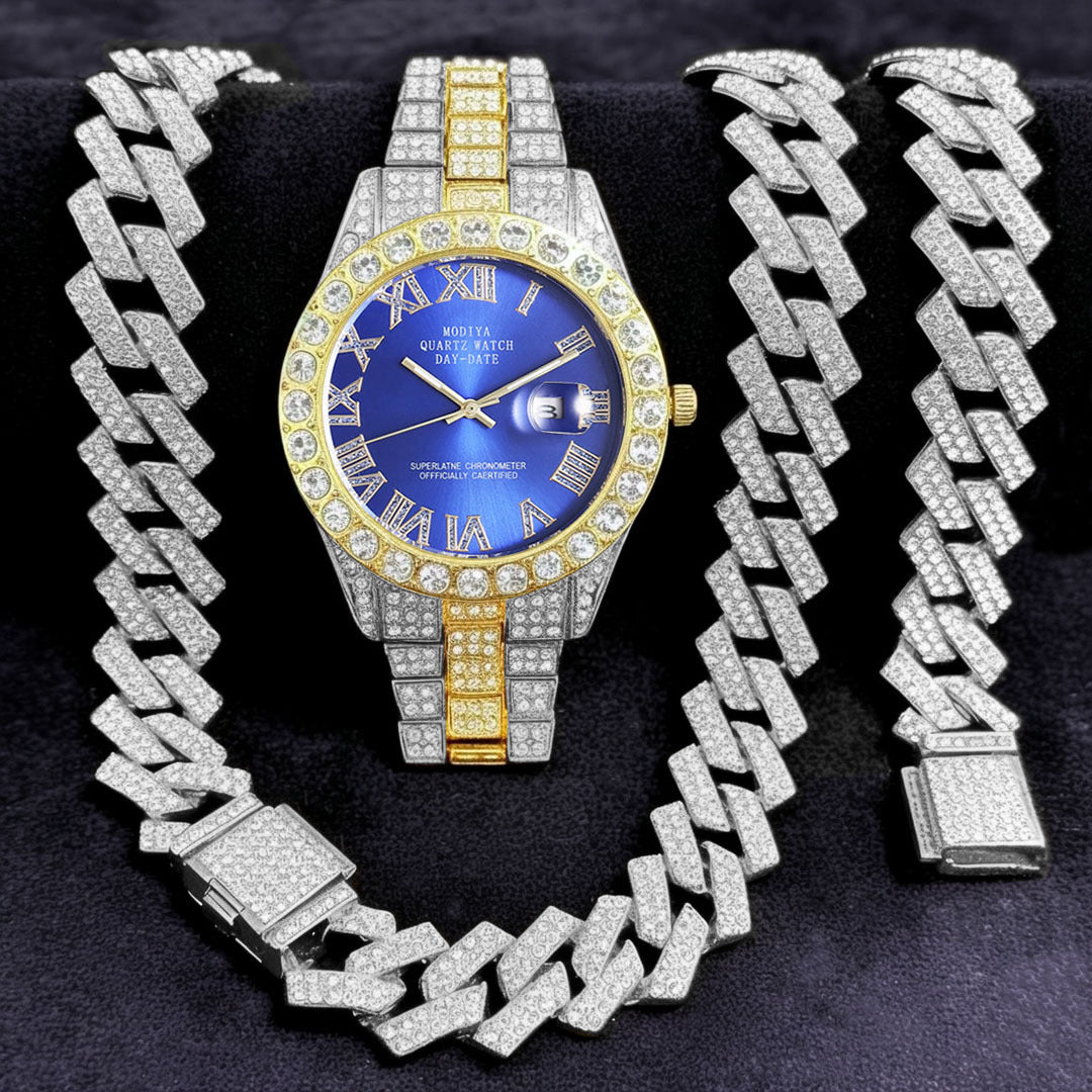 16-Piece Diamond Watch & Cuban Bracelet Set