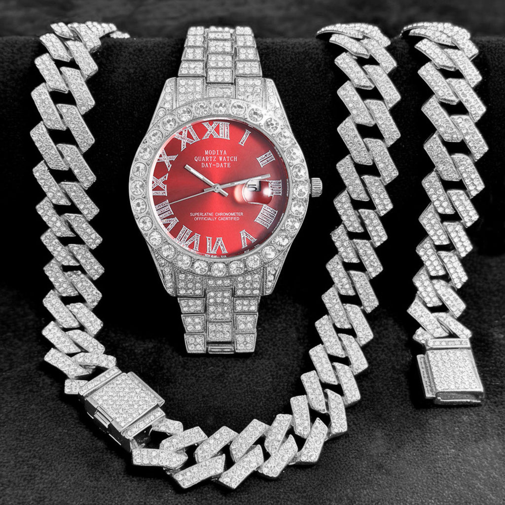 16-Piece Diamond Watch & Cuban Bracelet Set