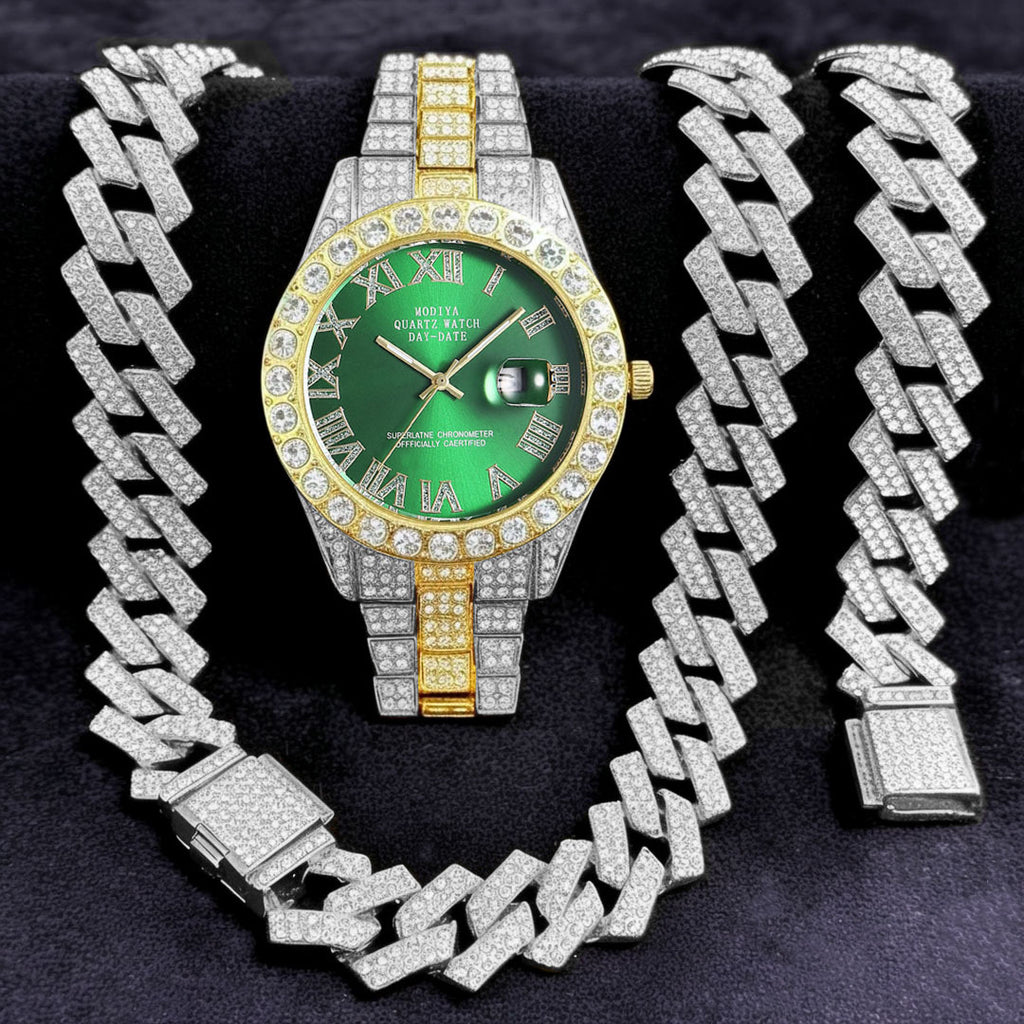 16-Piece Diamond Watch & Cuban Bracelet Set