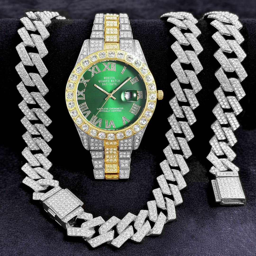 16-Piece Diamond Watch & Cuban Bracelet Set