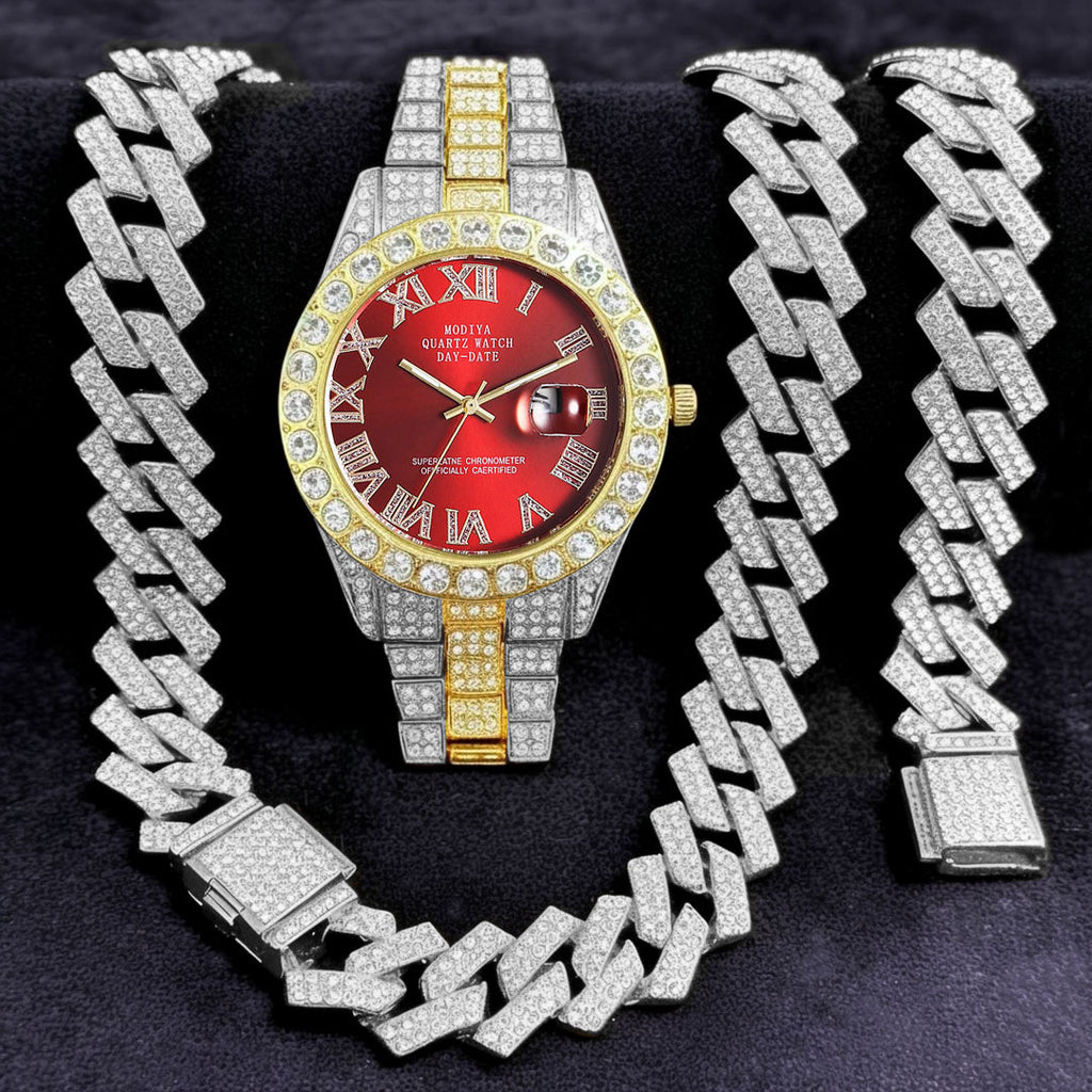 16-Piece Diamond Watch & Cuban Bracelet Set