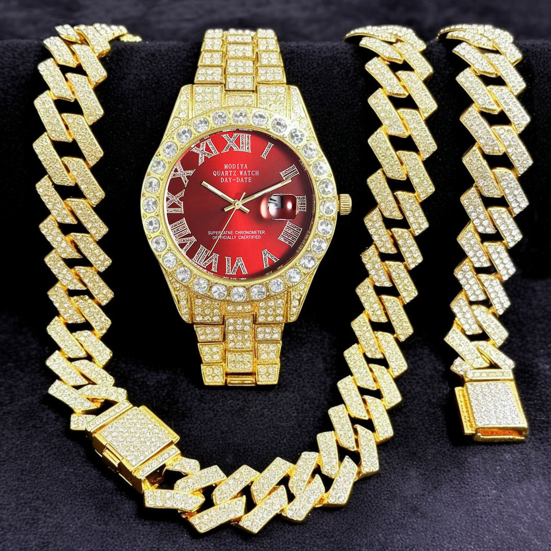 16-Piece Diamond Watch & Cuban Bracelet Set