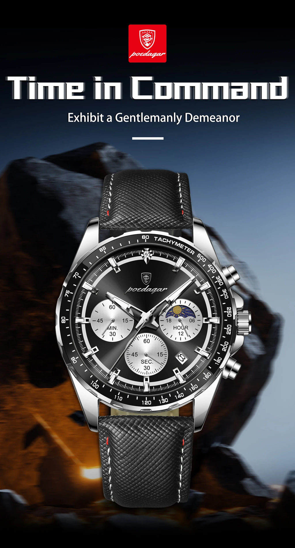 POEDAGAR Men's Chronograph Quartz Watch, Leather Band & Luminous Hands
