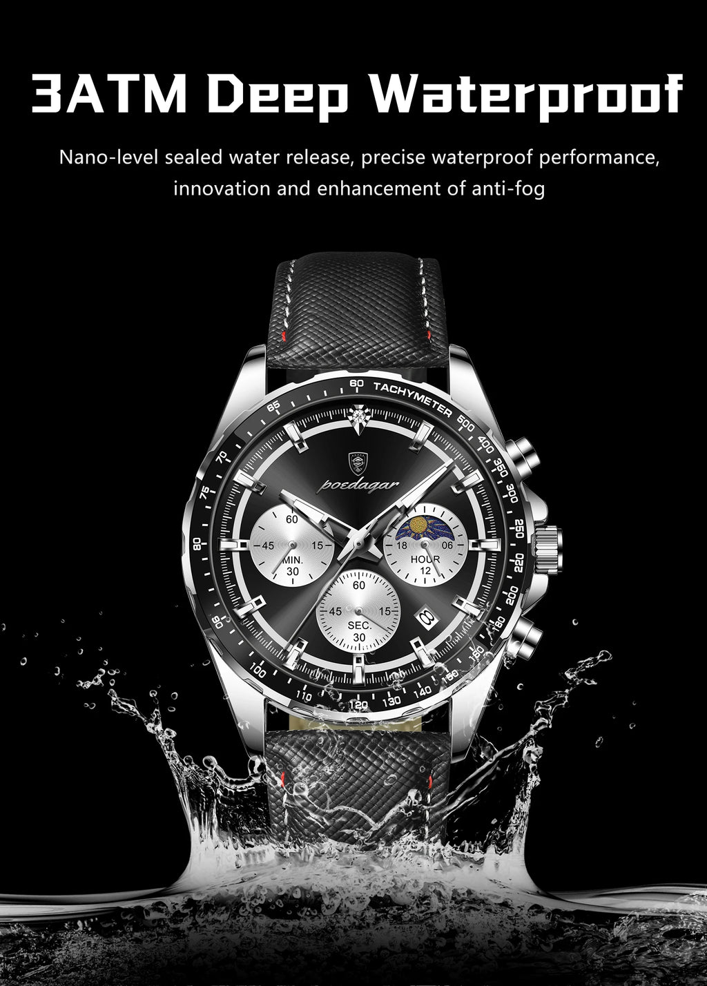 POEDAGAR Men's Chronograph Quartz Watch, Leather Band & Luminous Hands