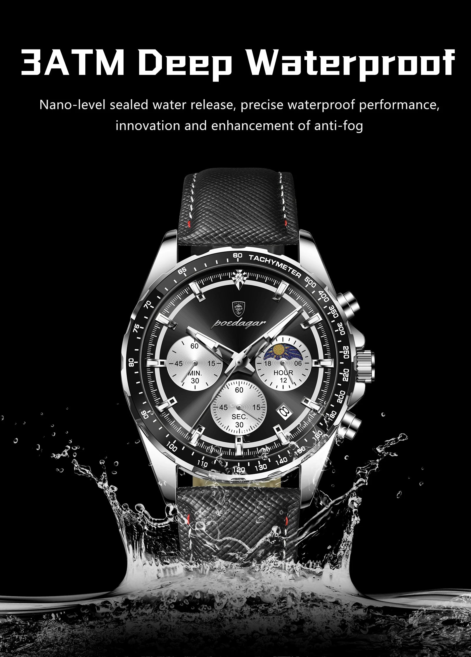 POEDAGAR Men's Chronograph Quartz Watch, Leather Band & Luminous Hands