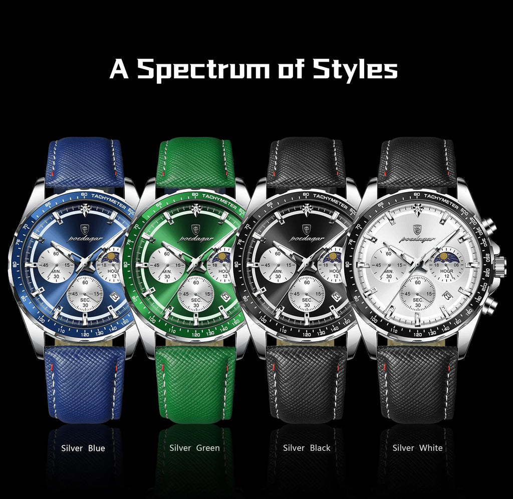POEDAGAR Men's Chronograph Quartz Watch, Leather Band & Luminous Hands