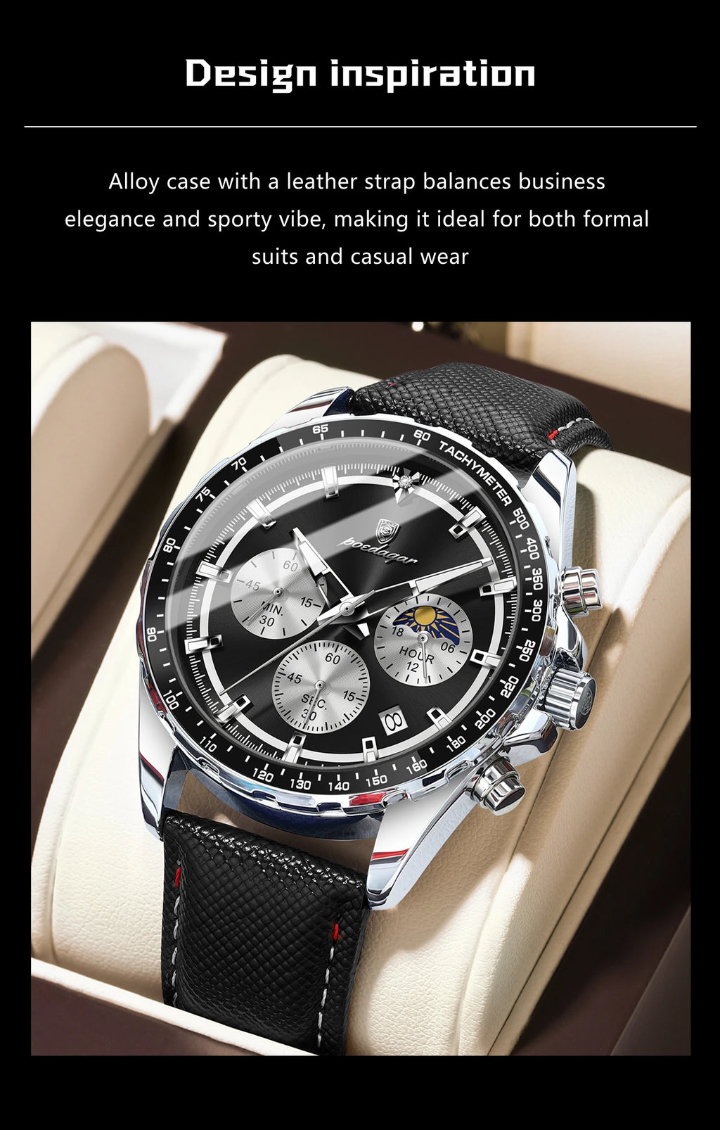 POEDAGAR Men's Chronograph Quartz Watch, Leather Band & Luminous Hands