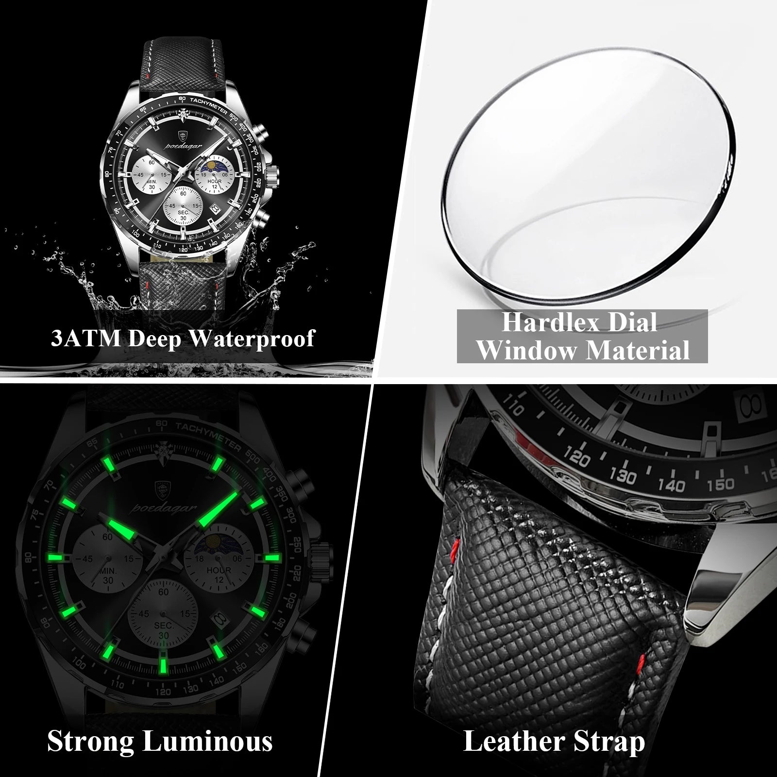 POEDAGAR Men's Chronograph Quartz Watch, Leather Band & Luminous Hands