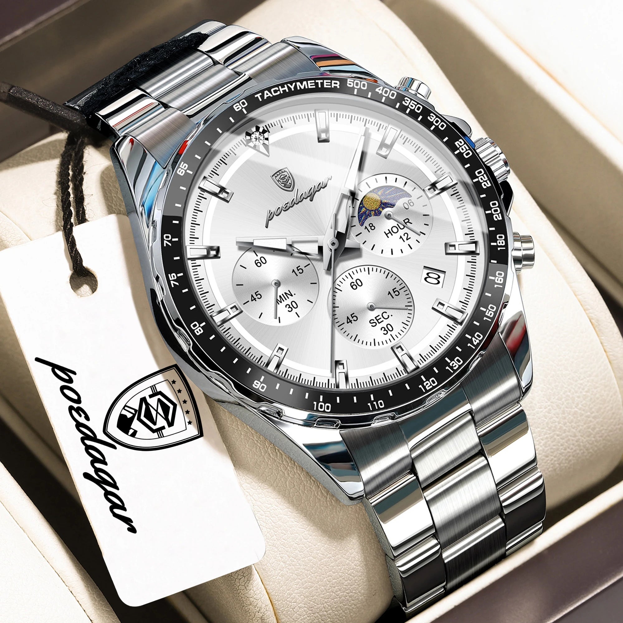 POEDAGAR Men's Chronograph Quartz Watch, Leather Band & Luminous Hands
