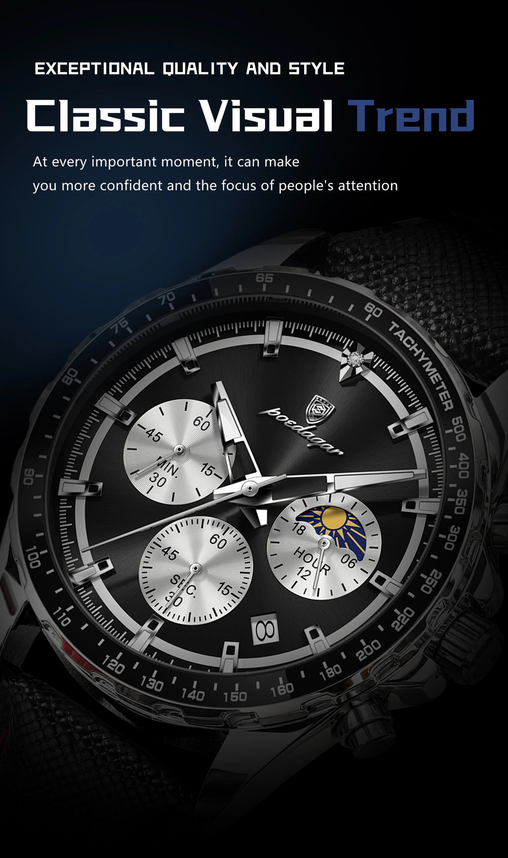 POEDAGAR Men's Chronograph Quartz Watch, Leather Band & Luminous Hands