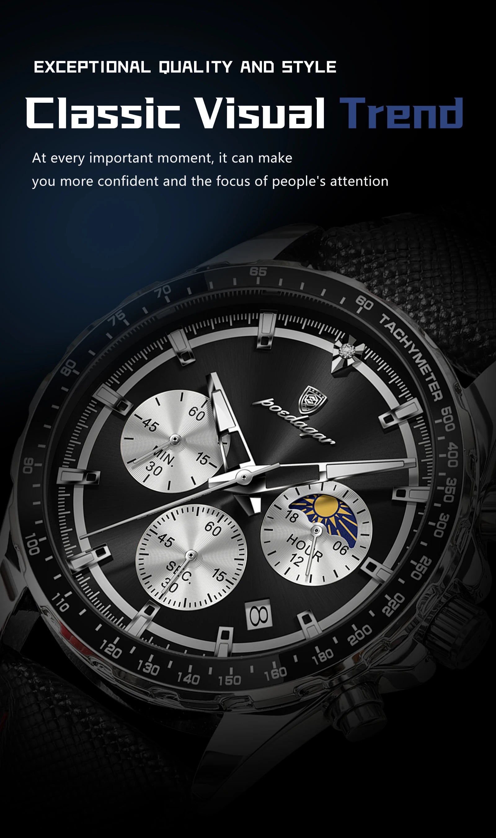 POEDAGAR Men's Chronograph Quartz Watch, Leather Band & Luminous Hands