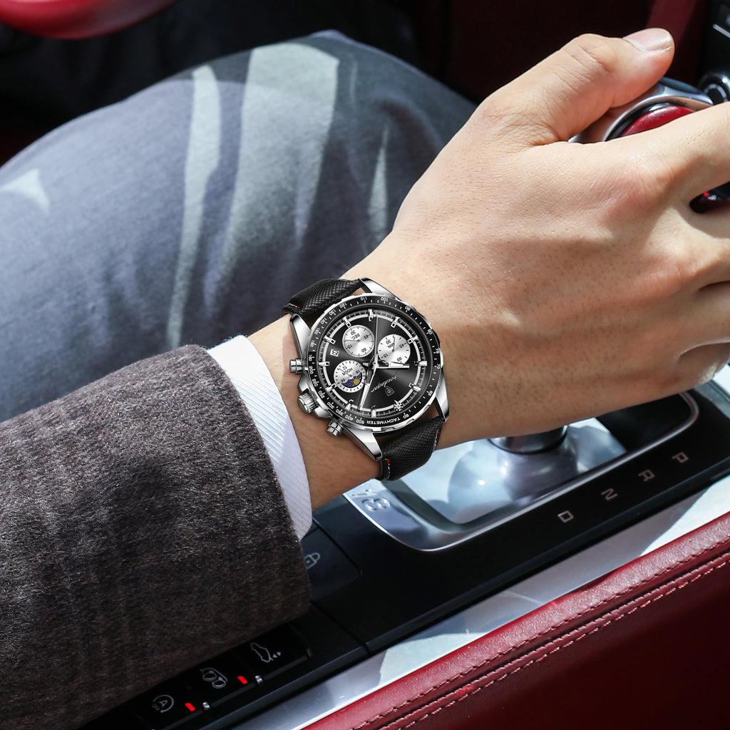 POEDAGAR Men's Chronograph Quartz Watch, Leather Band & Luminous Hands