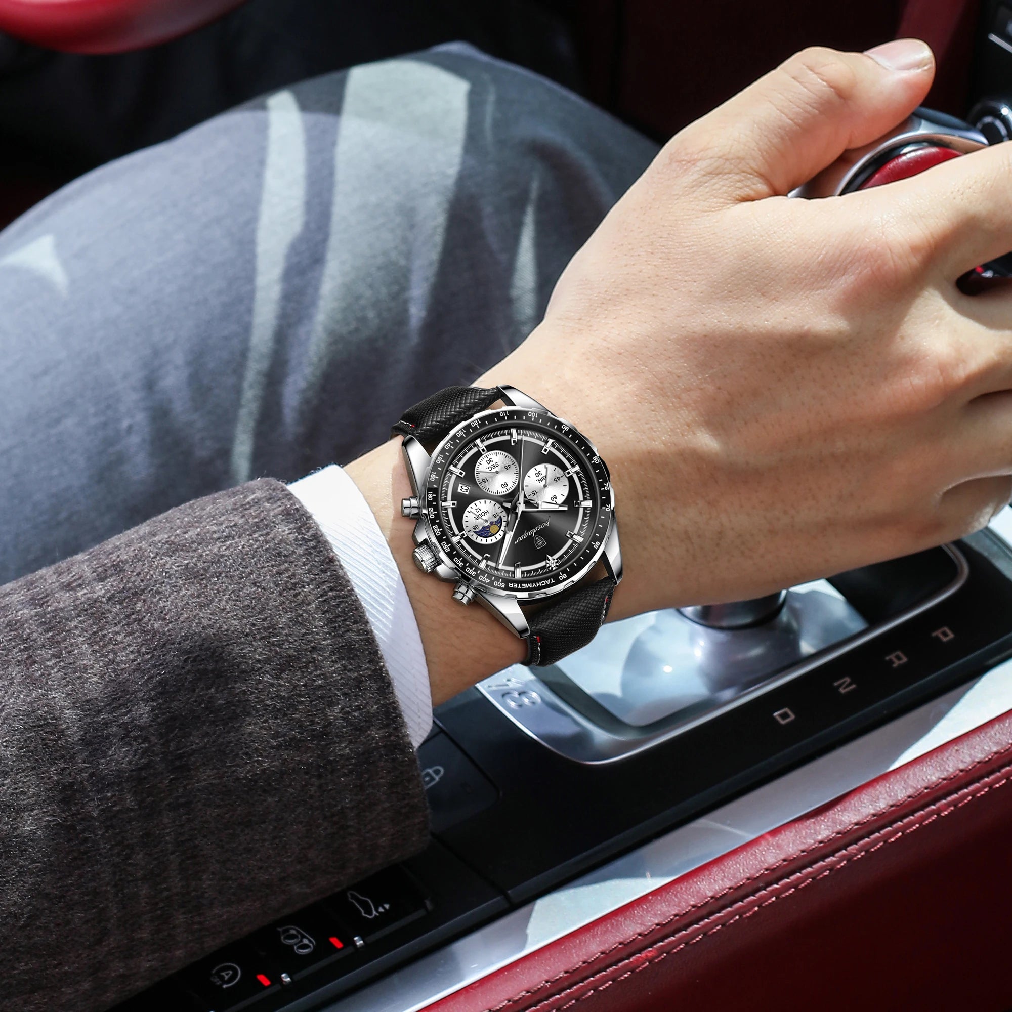POEDAGAR Men's Chronograph Quartz Watch, Leather Band & Luminous Hands