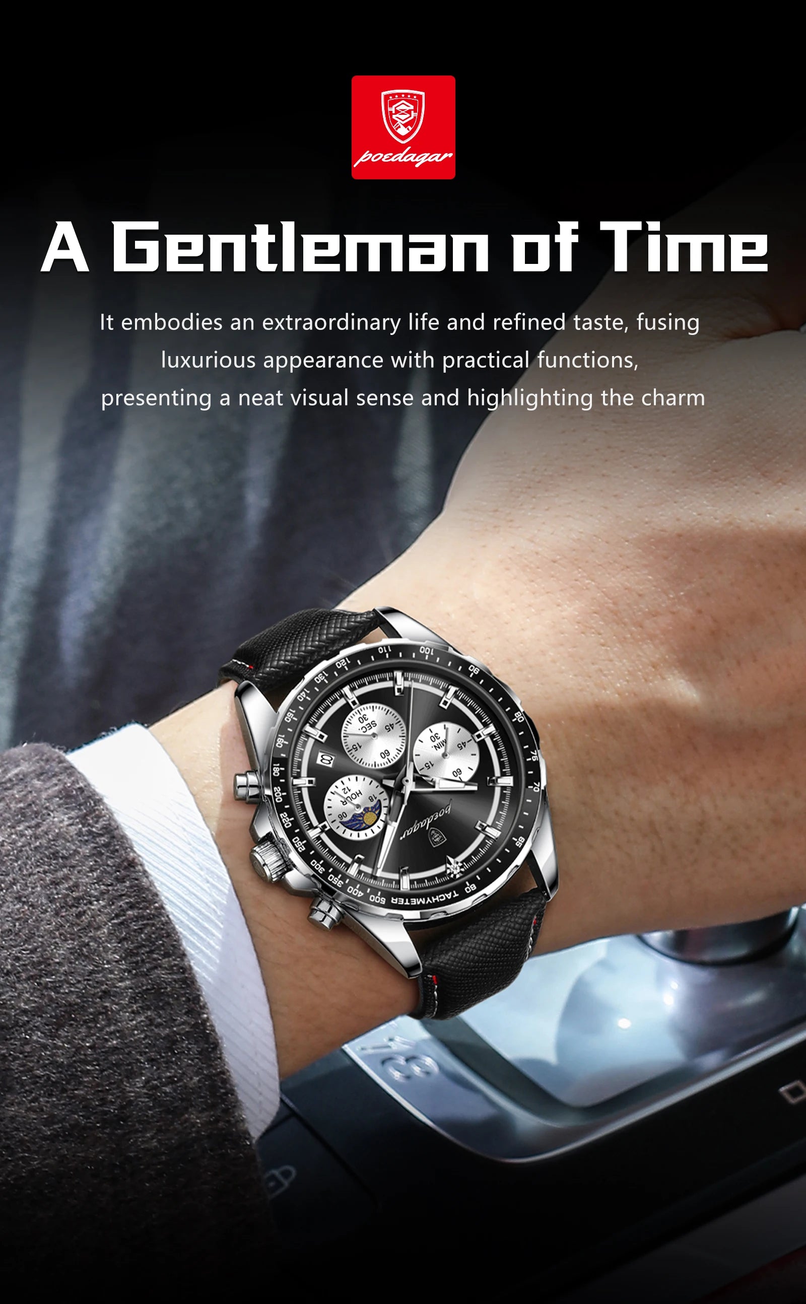 POEDAGAR Men's Chronograph Quartz Watch, Leather Band & Luminous Hands