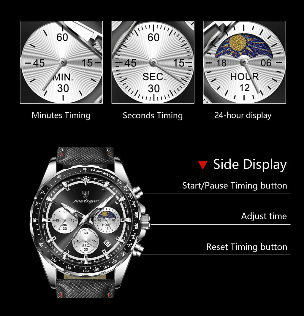 POEDAGAR Men's Chronograph Quartz Watch, Leather Band & Luminous Hands
