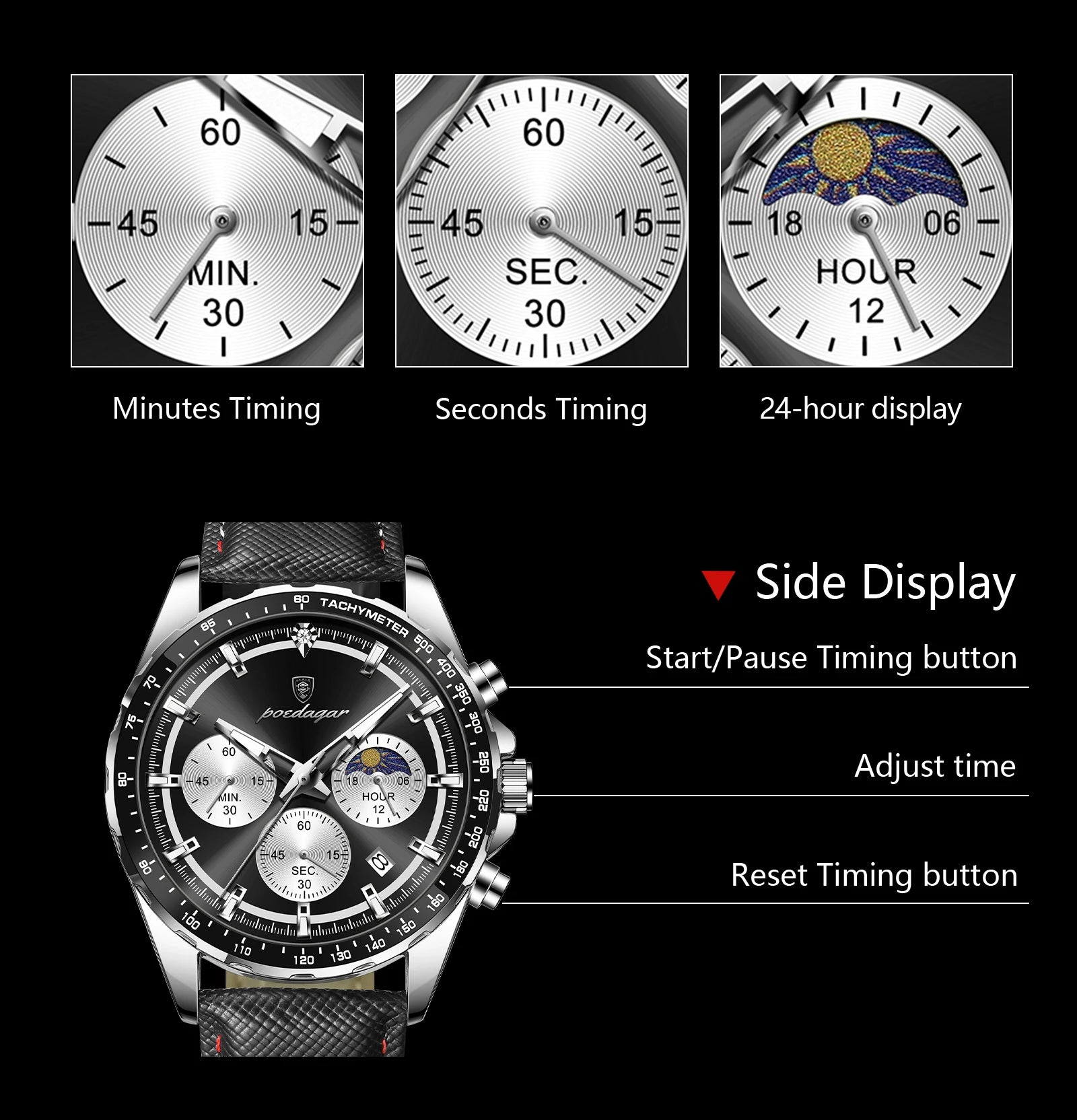 POEDAGAR Men's Chronograph Quartz Watch, Leather Band & Luminous Hands