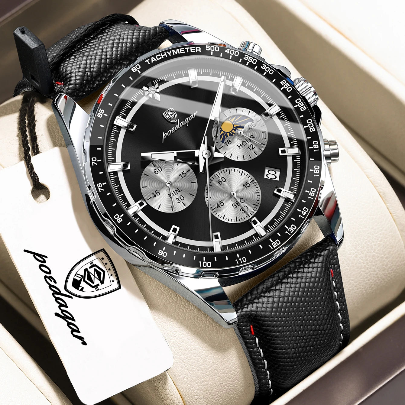 POEDAGAR Men's Chronograph Quartz Watch, Leather Band & Luminous Hands