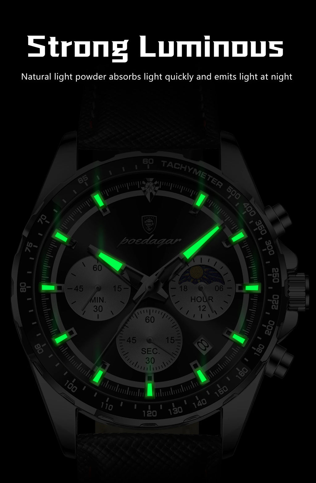 POEDAGAR Men's Chronograph Quartz Watch, Leather Band & Luminous Hands