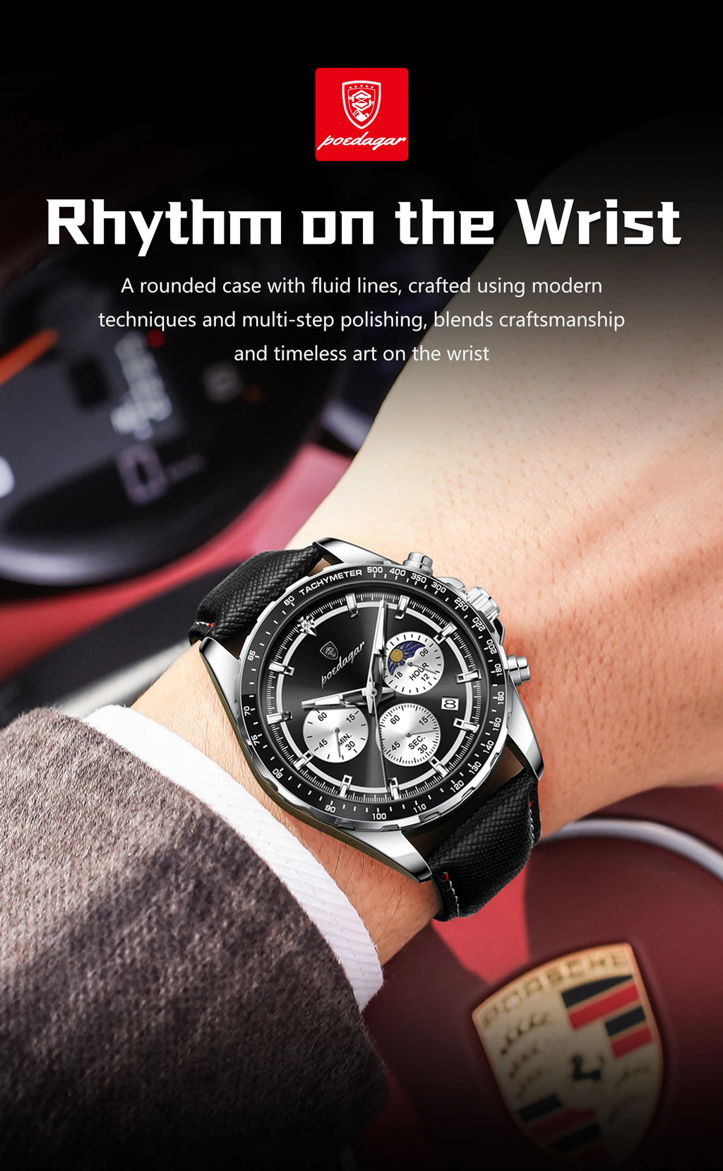 POEDAGAR Men's Chronograph Quartz Watch, Leather Band & Luminous Hands