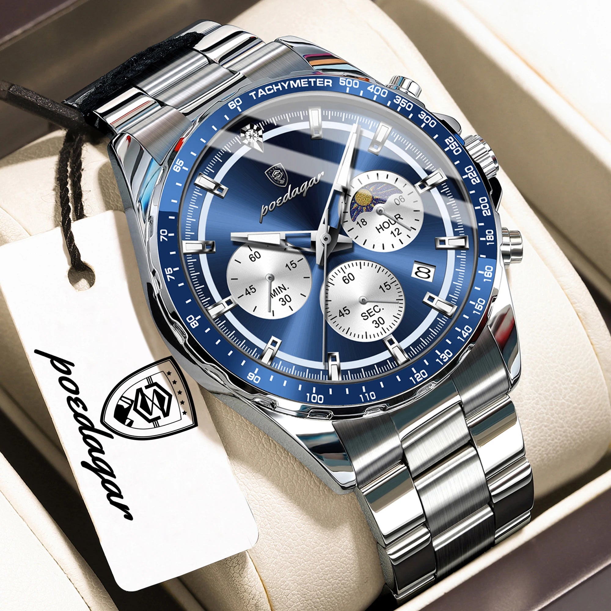 POEDAGAR Men's Chronograph Quartz Watch, Leather Band & Luminous Hands