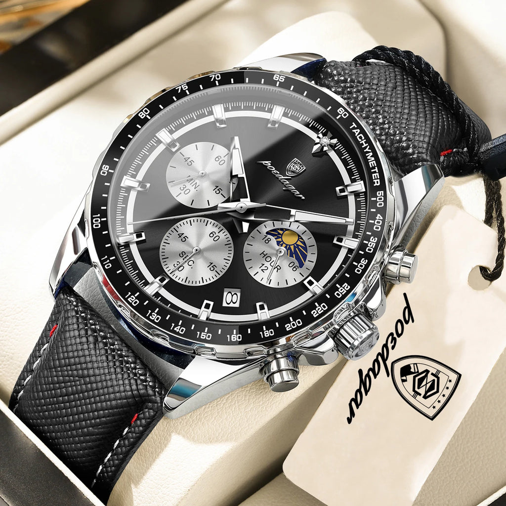 POEDAGAR Men's Chronograph Quartz Watch, Leather Band & Luminous Hands