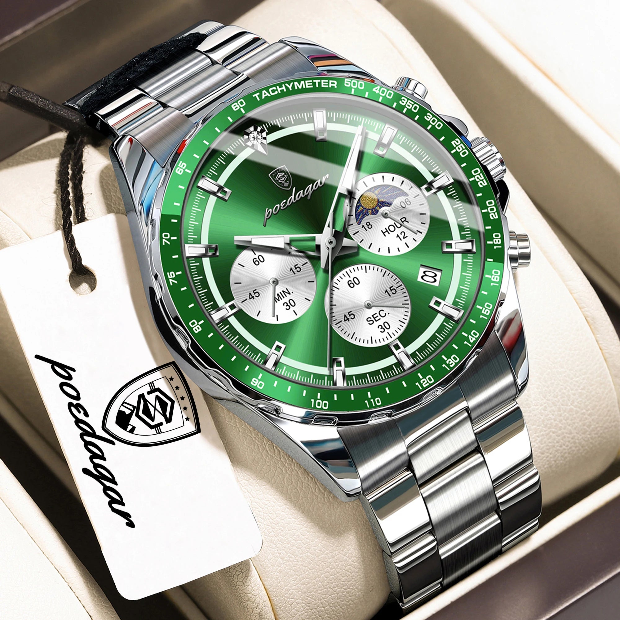 POEDAGAR Men's Chronograph Quartz Watch, Leather Band & Luminous Hands