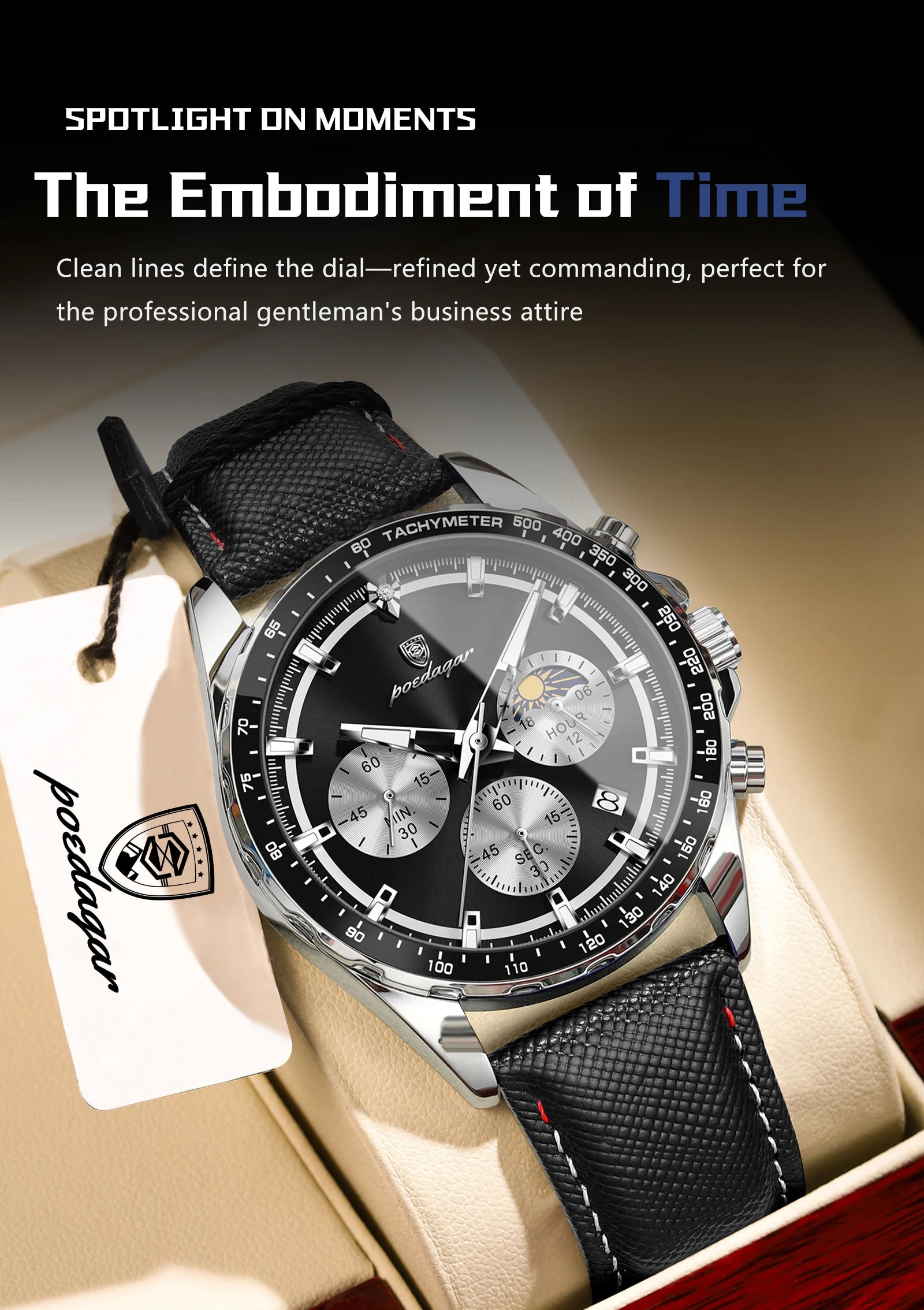 POEDAGAR Men's Chronograph Quartz Watch, Leather Band & Luminous Hands