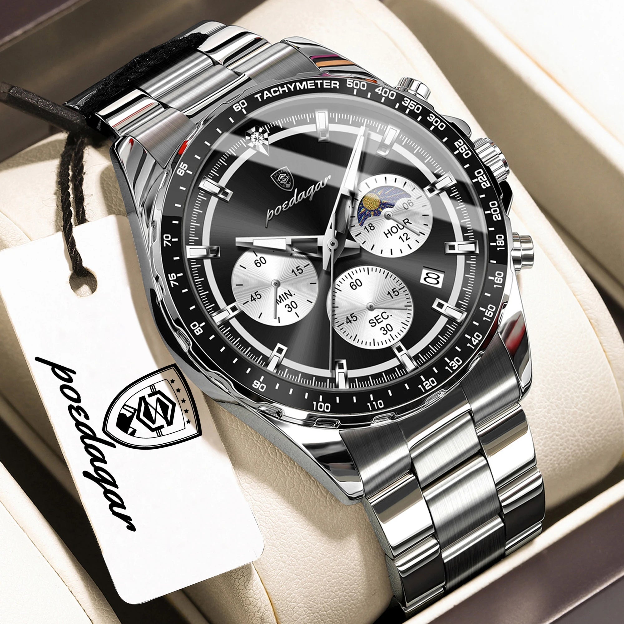 POEDAGAR Men's Chronograph Quartz Watch, Leather Band & Luminous Hands