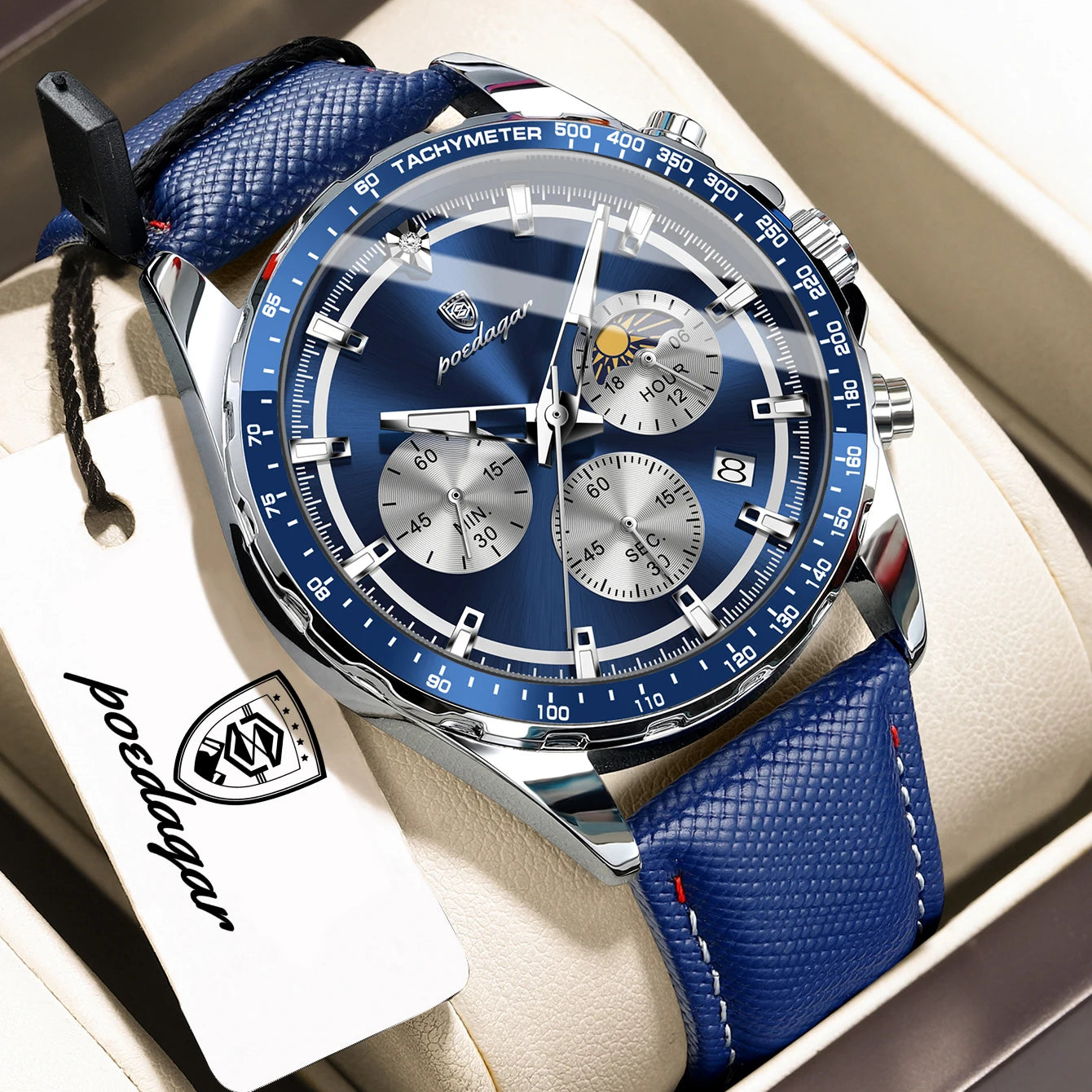 POEDAGAR Men's Chronograph Quartz Watch, Leather Band & Luminous Hands