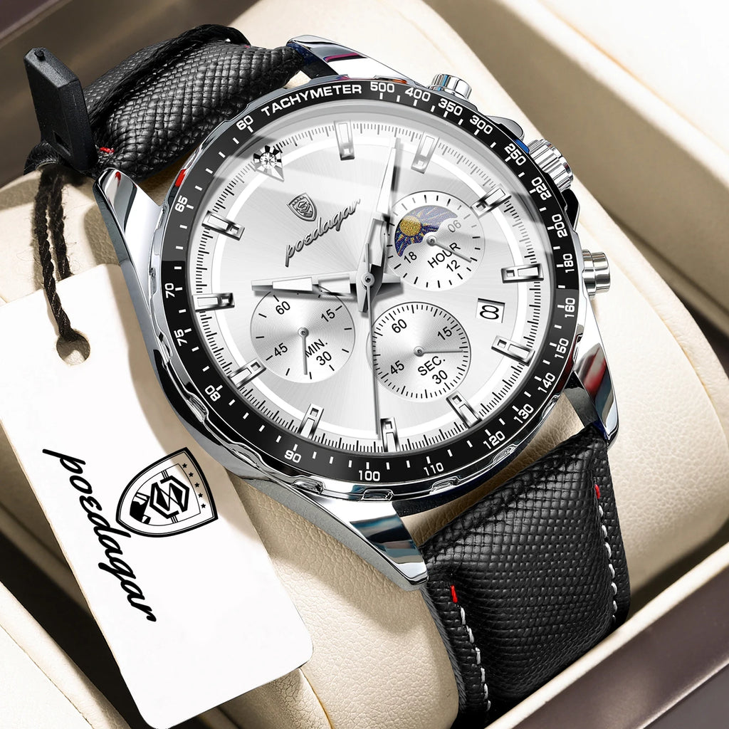 POEDAGAR Men's Chronograph Quartz Watch, Leather Band & Luminous Hands