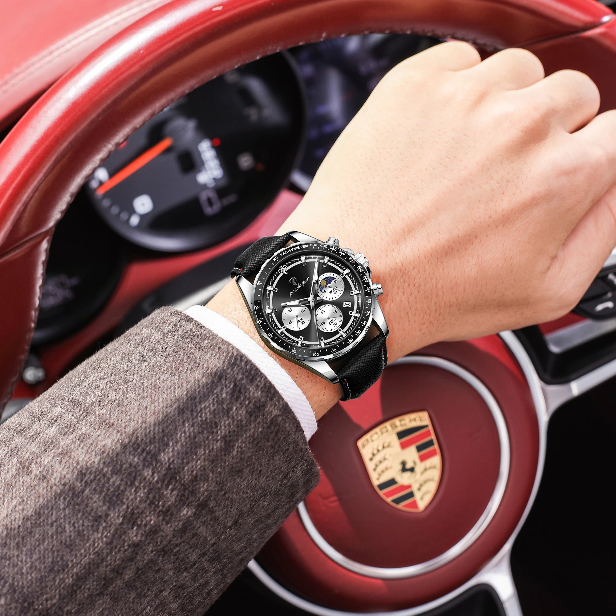 POEDAGAR Men's Chronograph Quartz Watch, Leather Band & Luminous Hands